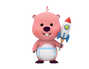 Cute pink bear character holding a rocket toy