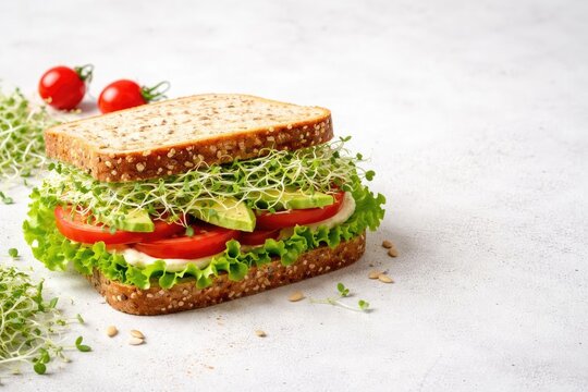 Fresh healthy sandwich featuring gluten free bread with lettuce tomato and sprouts and copy space