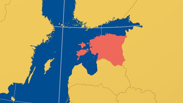 Estonia on Globe. Animated zoom into the country in Ocean Blue Golden Yellow color palette. Estonia logo animation. Map with meridians, parallels. Captivating video.