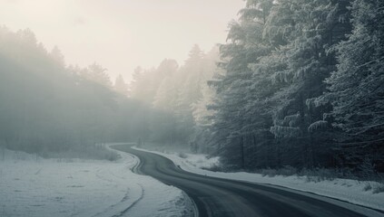 Snowy winter landscape featuring pine trees and a forest road under foggy conditions, highlighting natural seasonal change