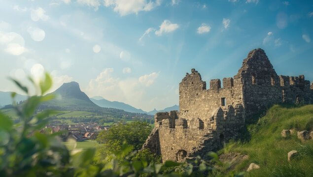 Remnants of fortress walls in Tolfa village perched on a cliff, focusing on erosion risk, Earth Day