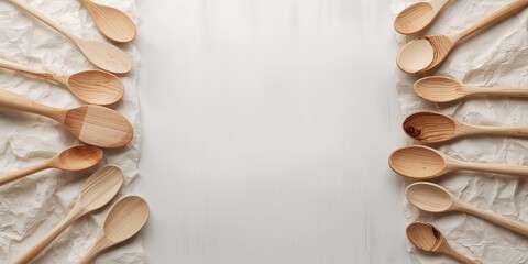 Wooden spoons in beige tones laid out on white surface, suitable for editorial header background or visual mock-up