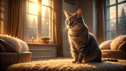 A serene feline figure basks in warm sunlight on a plush, sunlit rug in a cozy, inviting room