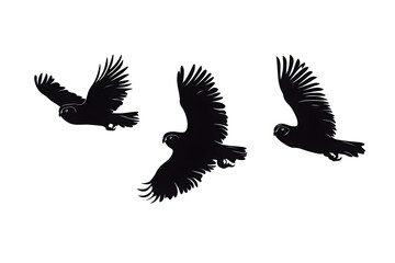 Obraz premium Silhouette Owls in Flight: Three silhouetted owls glide gracefully through the air, their forms captured in a dynamic sequence, evoking a sense of freedom and natural wonder.