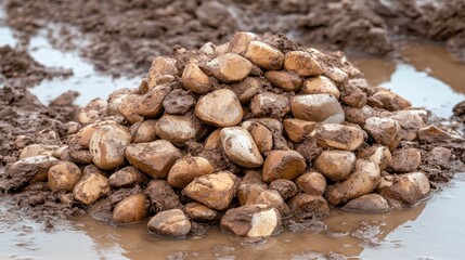 A large pile of smooth wet pebbles and stones sits in a muddy shallow stream bed