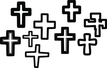 Obraz premium Hand drawn christian cross vector set, black and white religious symbols, faith and hope illustration, church and spirituality design elements