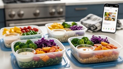Four plastic containers with healthy balanced meals featuring broccoli, carrots, purple cabbage, and sauce. Smartphone with nutrition app on a kitchen counter. Concept of meal prepping and dieting.