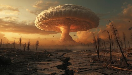Atomic weapon detonation with a massive mushroom cloud, highlighting the destructive impact of nuclear conflict