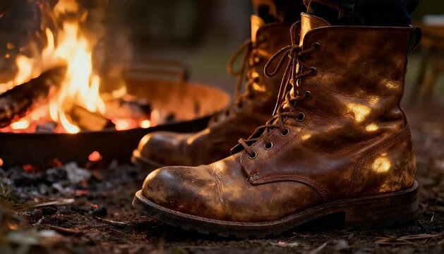 Leather boots near campfire outdoors