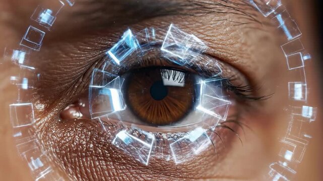 Extreme close-up of human eye with digital scan lines