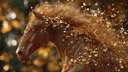 Chinese New Year 2026 horse. Golden horse head with intricate leaf patterns and flowing mane, zodiac, Lunar New Year, prosperity, wealth, celebration.