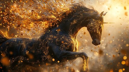 Chinese New Year 2026 horse. Majestic black horse with golden sparkles and autumn leaves flying in the wind, mythology, lunar new year, zodiac, fantasy, celebration.