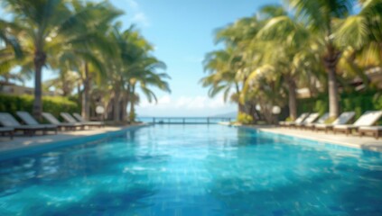 Fototapeta premium Blurry image of palm trees and deck chairs, ideal for vacation or resort layout