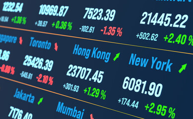 Obraz premium Close up stock market data, trading board, index, equity, prices. Business, trading, investment, risk, exchange, strategy. 3D animation