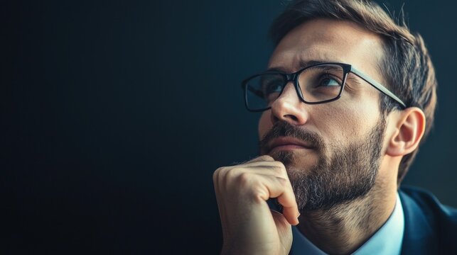 A man in a suit looking thoughtful against a dark background. - Powered by Adobe