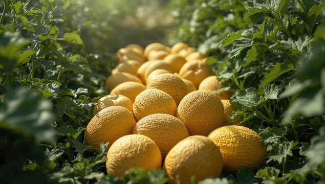 Cantaloupes growing on the plantation, highlighting fruit cultivation and plant health, ideal for farming backgrounds