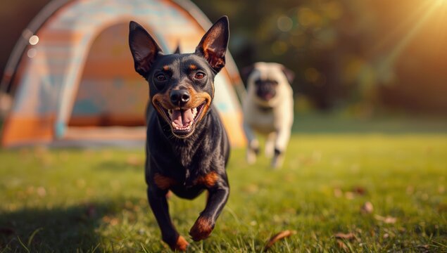 Miniature pincher dog with a funny face in a sunny outdoor setting close to a camping tent, focusing on pet playfulness