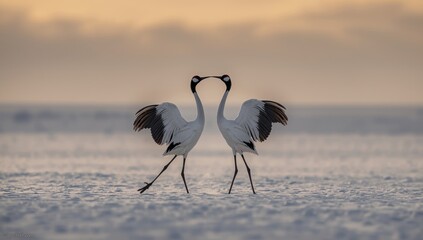 Fototapeta premium Group of cranes resting in snowy winter landscape, highlighting habitat preservation, World Wetlands Day