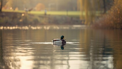 Mallard on a reflective water surface during golden hour, highlighting peaceful natural habitat, World Water Day