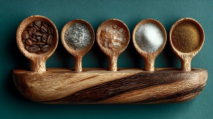Five intricately carved wooden spoons holding different spices and ingredients