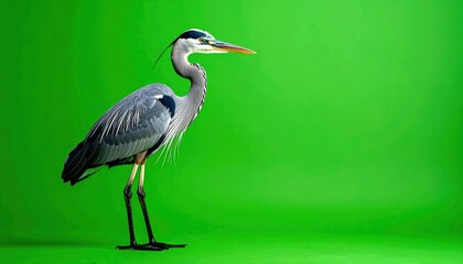 Fototapeta premium Great Blue Heron Standing Profile Against A Vibrant Green Background Isolated Studio Shot