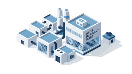 Isometric view of a modern water treatment plant facility with industrial buildings and water purification infrastructure