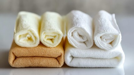 A neat row of soft clean white and tan rolled and folded towels neatly stacked on a smooth surface