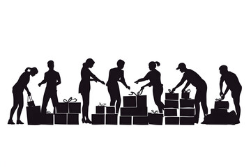 Volunteer Silhouette and Boxes: Silhouetted figures work together, carefully arranging gifts and boxes, capturing the essence of generosity and communal effort.