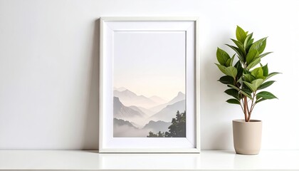 Scenic Mountain Picture in Frame, Styled Next to Plant on White Surface