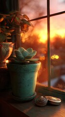 Rustic Teal Potted Succulent By Window At Sunset