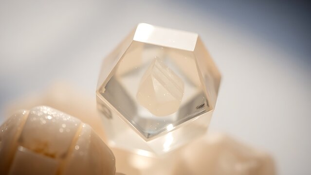 condoning. A naturally formed icosahedral crystal mineral, refracting geometric light in soft natural lighting against a clean background. STEM education sheets.