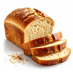 Loaf of bread sliced ready to eat, showing the crust and inside texture against white background.