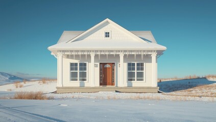 Winter landscape with snow coating a newly built residence, illustrating seasonal change and construction durability