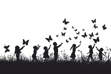 Childhood Dream: Silhouettes of children release butterflies into the sky, against a backdrop of nature, symbolizing freedom and joy