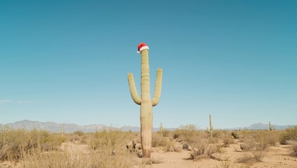 Saguaro cactus adorned with a Santa hat in the arid terrain of southern Arizona, seasonal ornament, Christmas, holiday theme