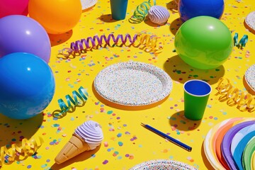 Vibrant Party Decorations: Colorful Balloons, Streamers, and Plates on a Yellow Background for Festive Celebrations