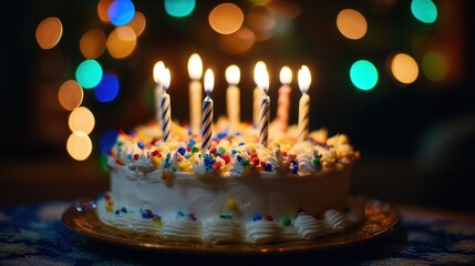 Birthday Cake with Lit Candles and Colorful Sprinkles, Set Against a Background of Blurred Bokeh Lights