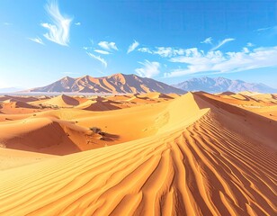 Vast desert landscape with golden sand dunes under a bright blue sky.