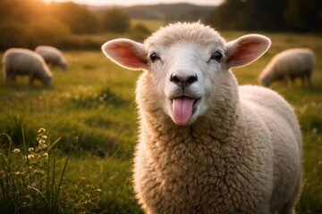 Fototapeta premium Silly sheep sticking tongue out amidst green pasture