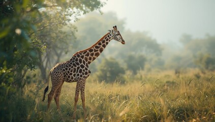 Obraz premium Giraffe grazing on the savannah floor, typical of arid landscape ecosystems