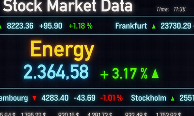 Fototapeta premium Energy index moving up, positive percentage change, stock market data. Trading screen, business and sector information concept. 3D illustration