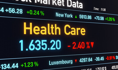 Fototapeta premium Health Care index moving down, negative percentage change, stock market data. Trading screen, business and sector information concept. 3D illustration