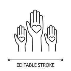 Fototapeta premium Unity in diversity linear icon. No to racism. Volunteers. Thin line illustration. Helping hands. Voting. Charity. Contour symbol. Vector isolated outline drawing. Editable stroke