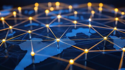 A miniature model of a global transportation network showing interconnected nodes and pathways of light across a blue map of the world