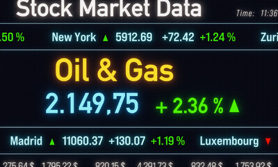 Fototapeta premium Oil and gGas index moving up, positive percentage change, stock market data. Trading screen, business and sector information concept. 3D illustration