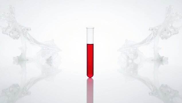 Blood sample for test against a plain white backdrop, focusing on laboratory testing materials