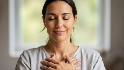 Serene young woman with closed eyes practicing mindfulness and deep breathing at home. She holds her hands over her heart, expressing gratitude, peace, and mental wellness in a bright interior.