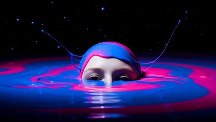 Surreal 3D illustration of a woman's face partially submerged in vibrant blue and pink liquid swirls against a dark starry background.