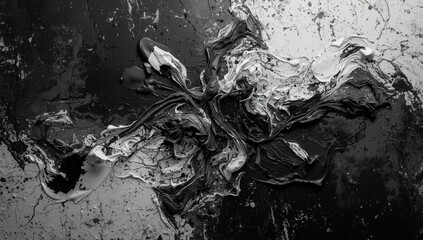 Fototapeta premium Top view of black and white paint splashes on canvas, used as an artistic background in creative work