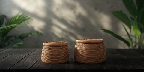 Handmade bamboo baskets used as food containers on a dark wooden surface, emphasizing craftsmanship